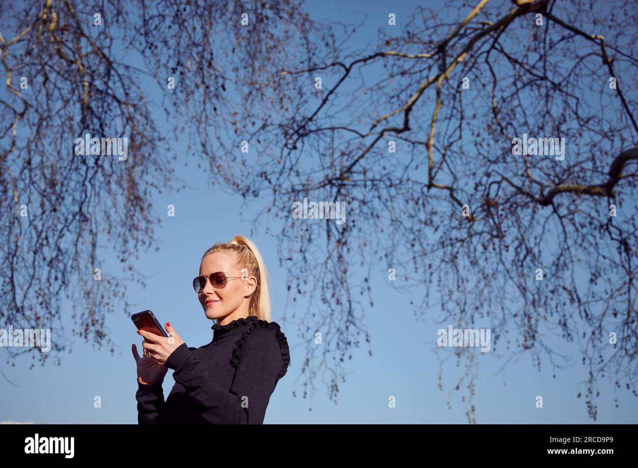 Positive woman texting online using hi res stock photography and images