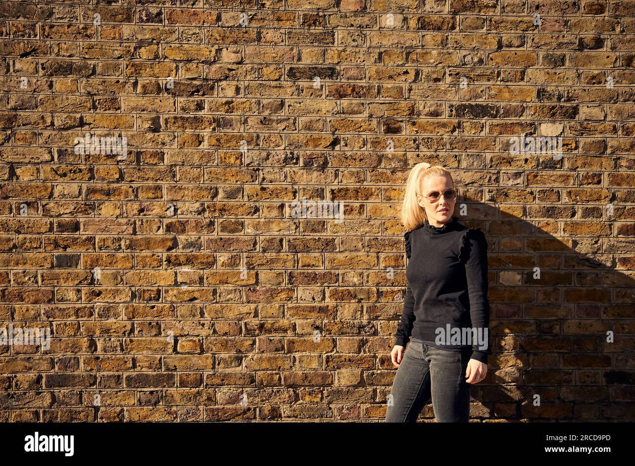Attractive blonde posing against brick wall Stock Photo