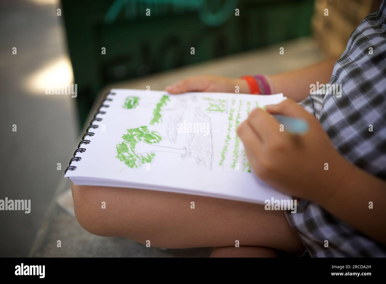 Eight year old girl painting and drawing in a park Stock Photo - Alamy
