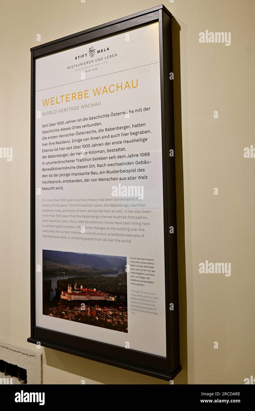 Melk, Wachau, Lower Austria, Austria. July 06, 2023. Information on the Wachau World Heritage Site at Melk Abbey Stock Photo