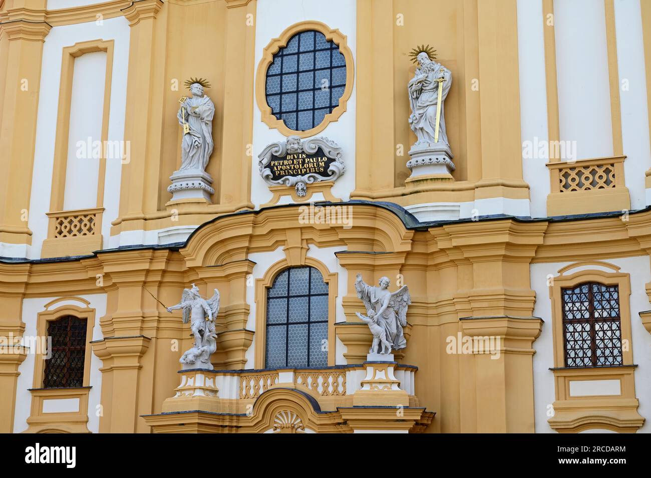Melk, Wachau, Lower Austria, Austria. July 06, 2023. Detailed view of the western facade of the collegiate church “St. Peter and Paul' Stock Photo