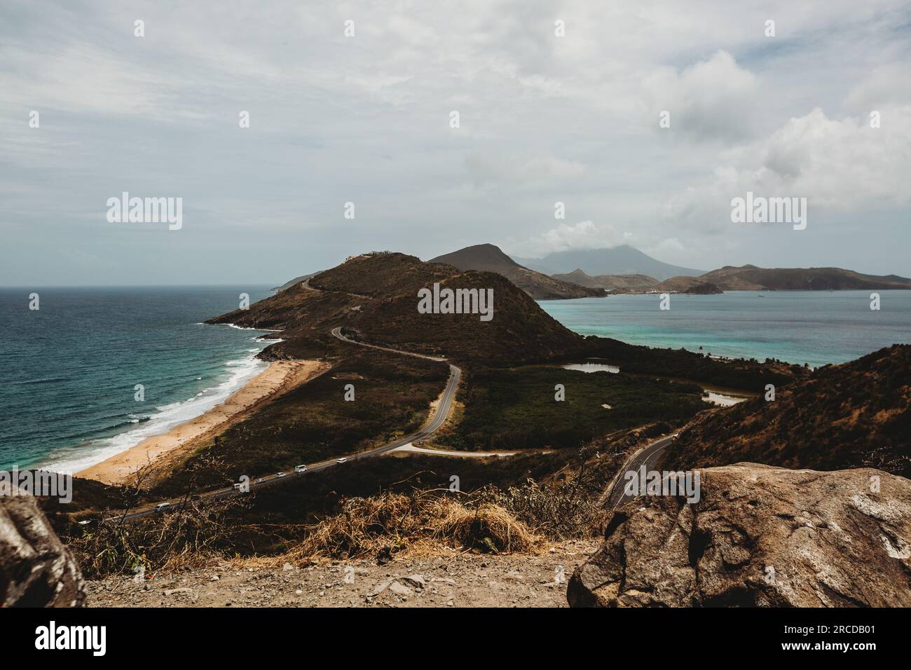 Lush landscape view of St Kitts and Nevis taken from Frigate Bay Stock Photo