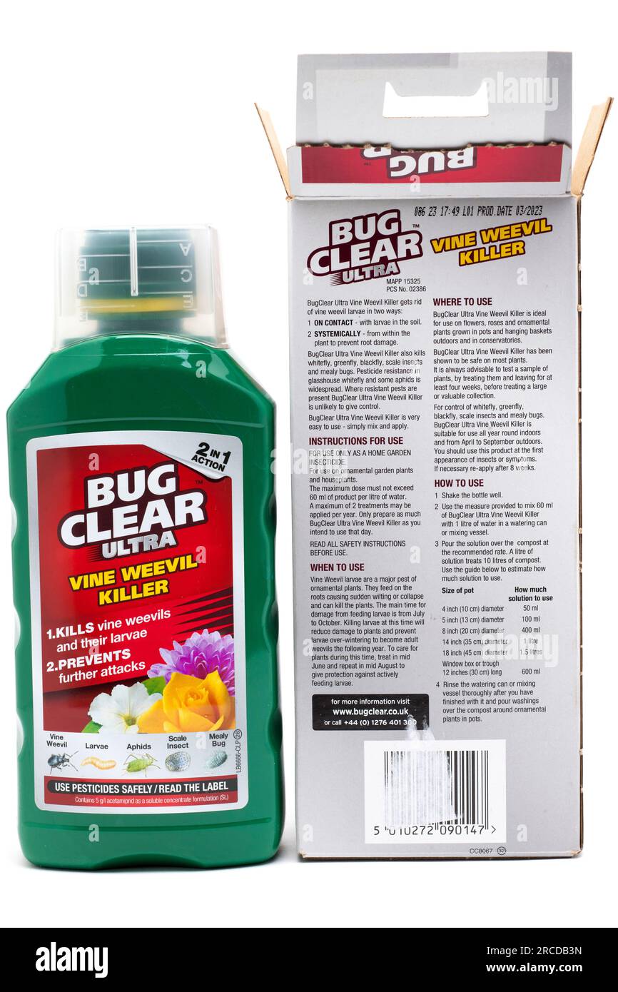 Container and Box of Bug Clear Ultra Systemic Insecticide Stock Photo