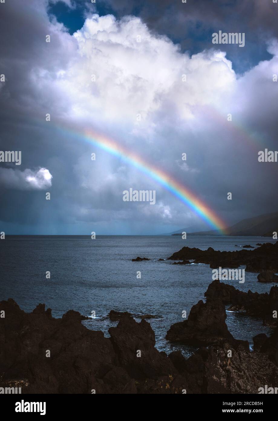 Double rainbow forms over the coast after storm, Pico, Azores Stock ...