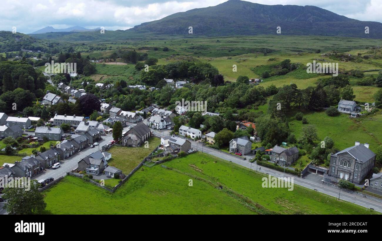 Drone photo of the village of Dolwyddelan, Snowdonia, Gwynedd, Wales, July 2023 Stock Photo