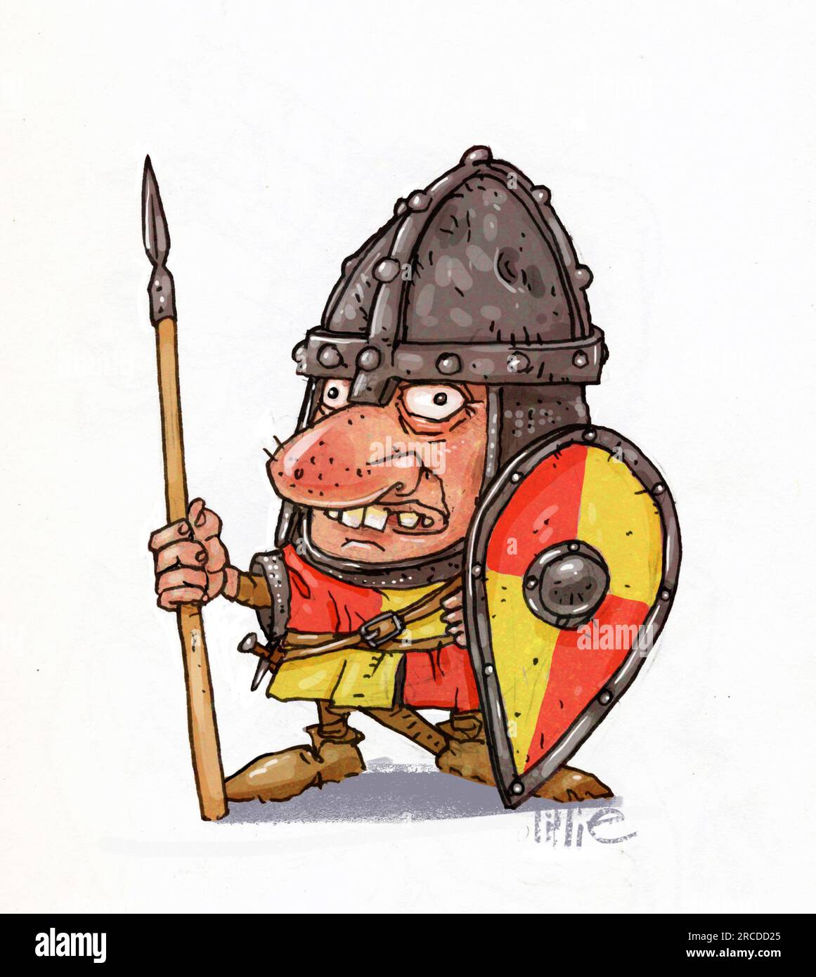 Cartoon Norman soldier, with long spear (lance) surcoat, kite shaped shield, conical helmet with iron naval to protect face, Battle of Hastings, 1066 Stock Photo