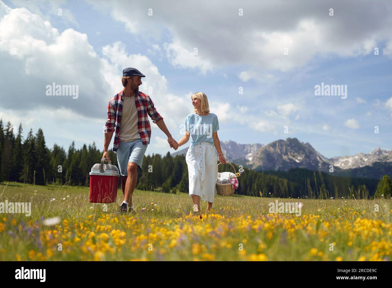 Young  smiling man and woman in love holding hands and walking in nature on a beautiful  day. Couple is holding picnic equipment. Stock Photo