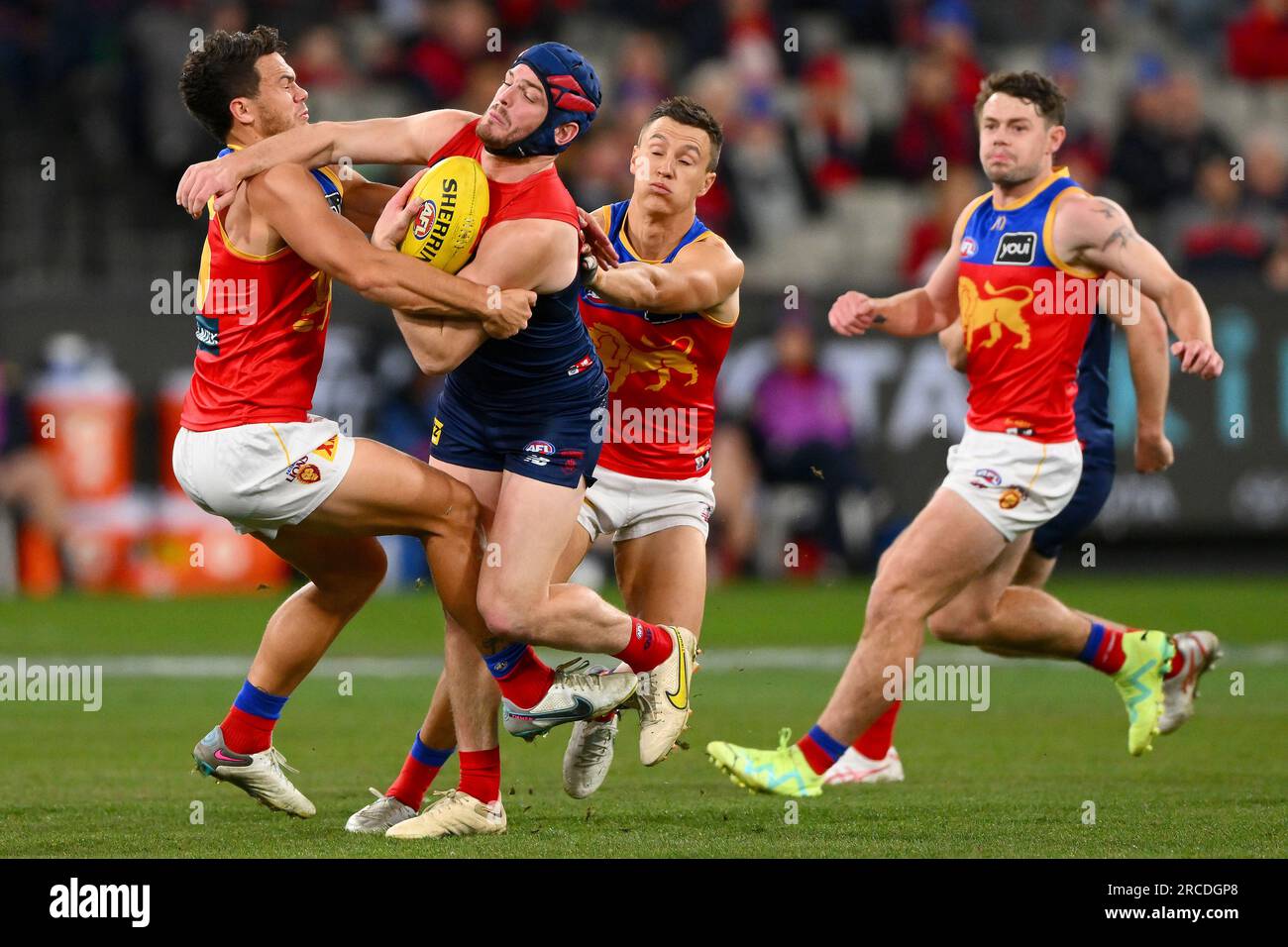 Melbourne, Australia. 14th July, 2023. Cam Rayner of the Lions tackles ...