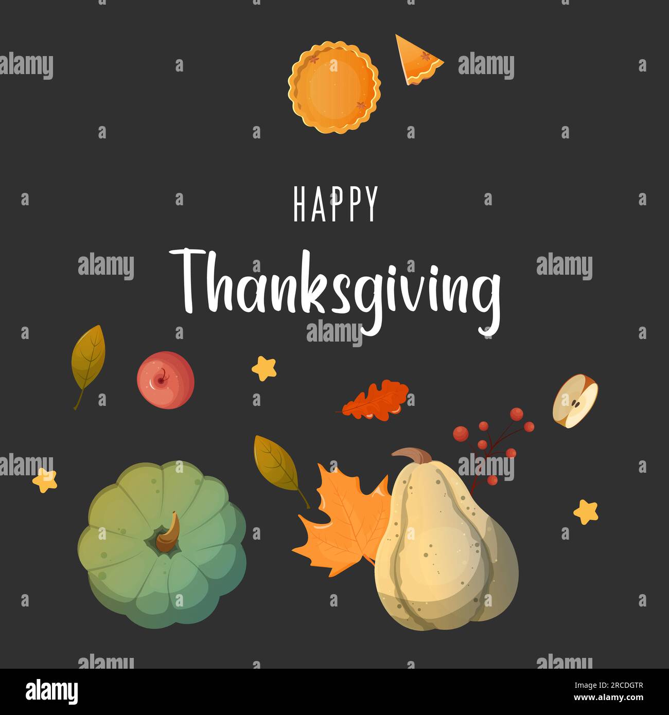 Thanksgiving card. pumpkin, autumn leaves, berries. on black background .Vector illustration Stock Vector