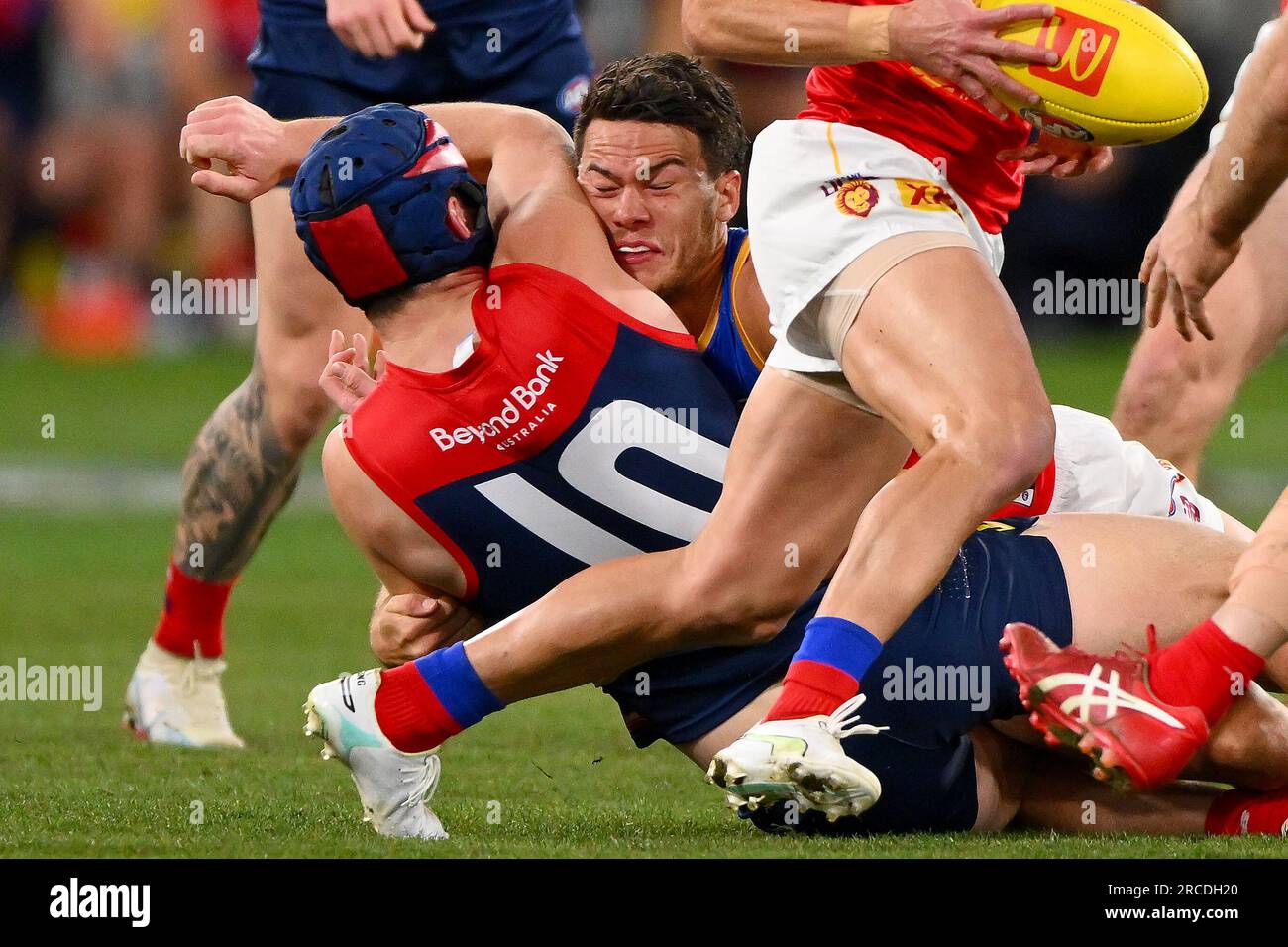 Melbourne, Australia. 14th July, 2023. Cam Rayner of the Lions tackles ...