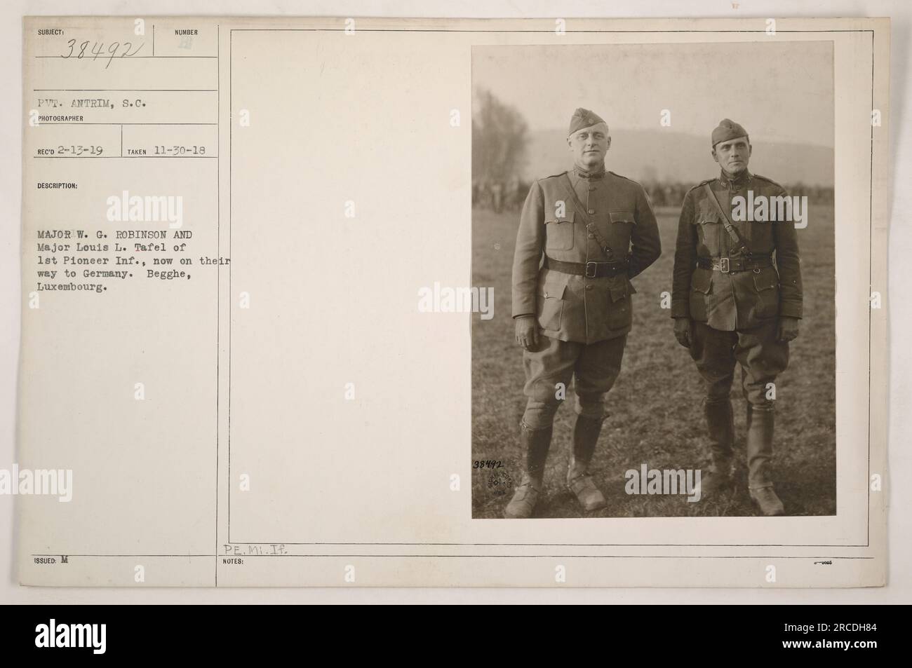 Major W.G. Robinson and Major Louis L. Tafel of the 1st Pioneer Infantry, photographed in Begghe, Luxembourg on November 30, 1918. The image captures their departure for Germany. Image ref 111-SC-38492, taken by Pvt. Antrim and recorded on February 13, 1919, according to official documentation. Stock Photo