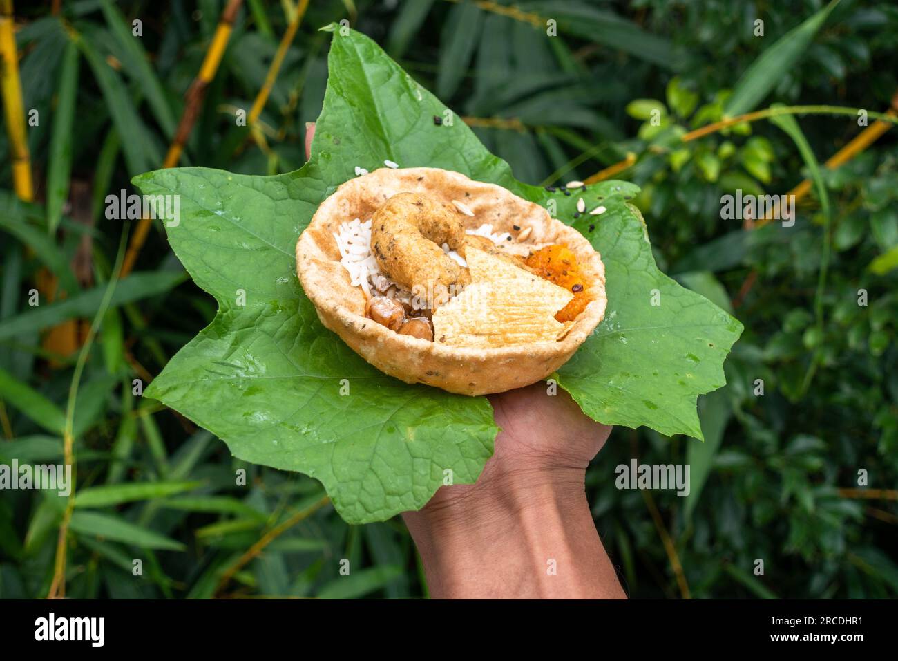 Hands offering food placed on a green leaf during a Hindu Ritual in the month of Sharada. Indian Customs and Traditional. Stock Photo