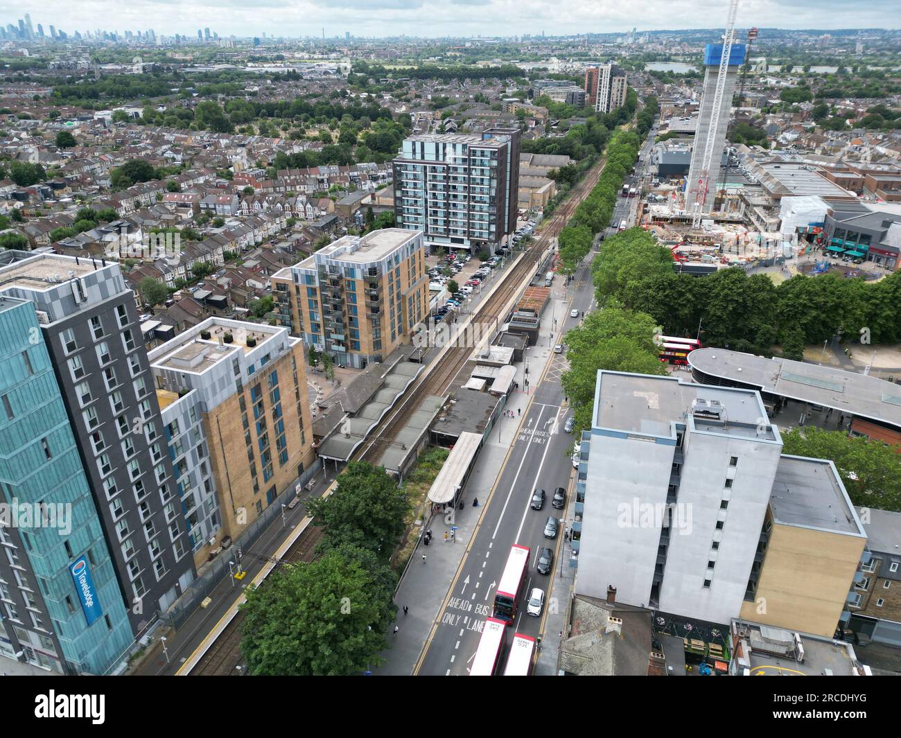 New appartments overlook Walthamstow Central,London UK drone,aerial Stock Photo