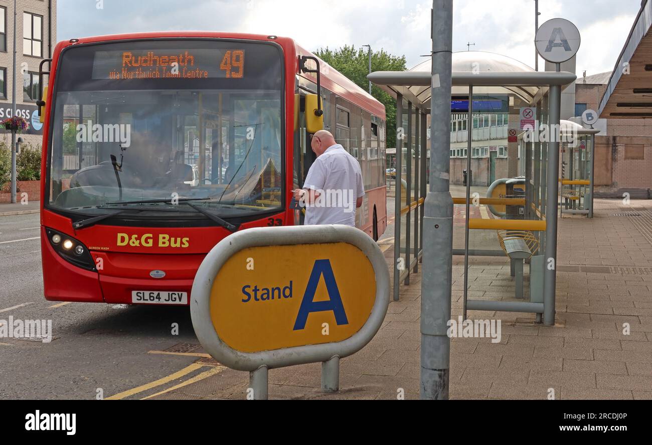 D&G bus to Rudheath 49 - Northwich bus and travel Interchange, routes, timetables, Watling Street, Northwich, Cheshire, England, UK, CW9 5EX Stock Photo