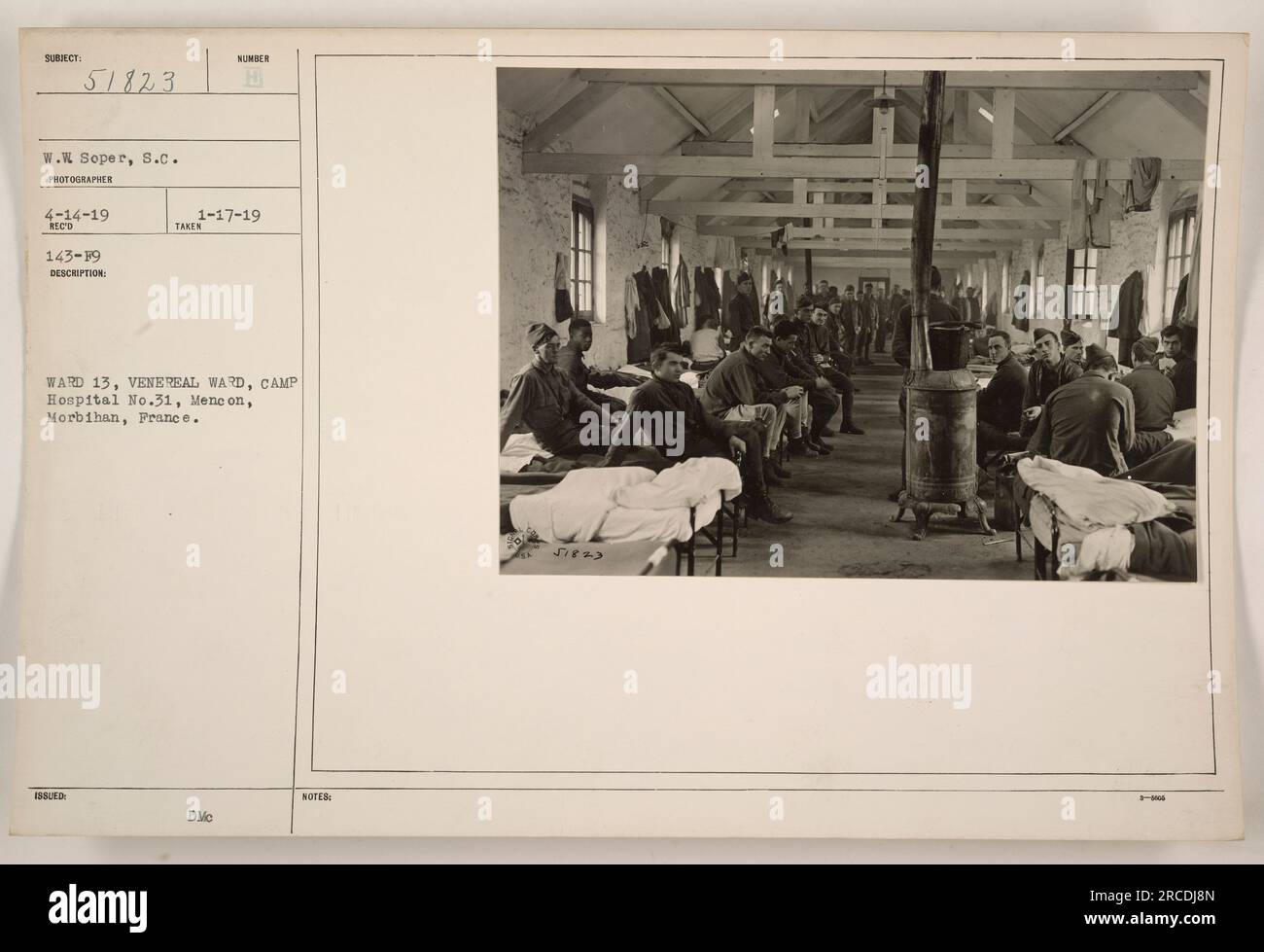 This photograph, taken by W. Soper on April 14, 1919, shows Ward 13, the Venereal Ward, at Camp Hospital No. 31 in Menc on, Morbihan, France. The image documents the medical facilities and activities associated with treating soldiers affected by venereal diseases during World War I. Stock Photo
