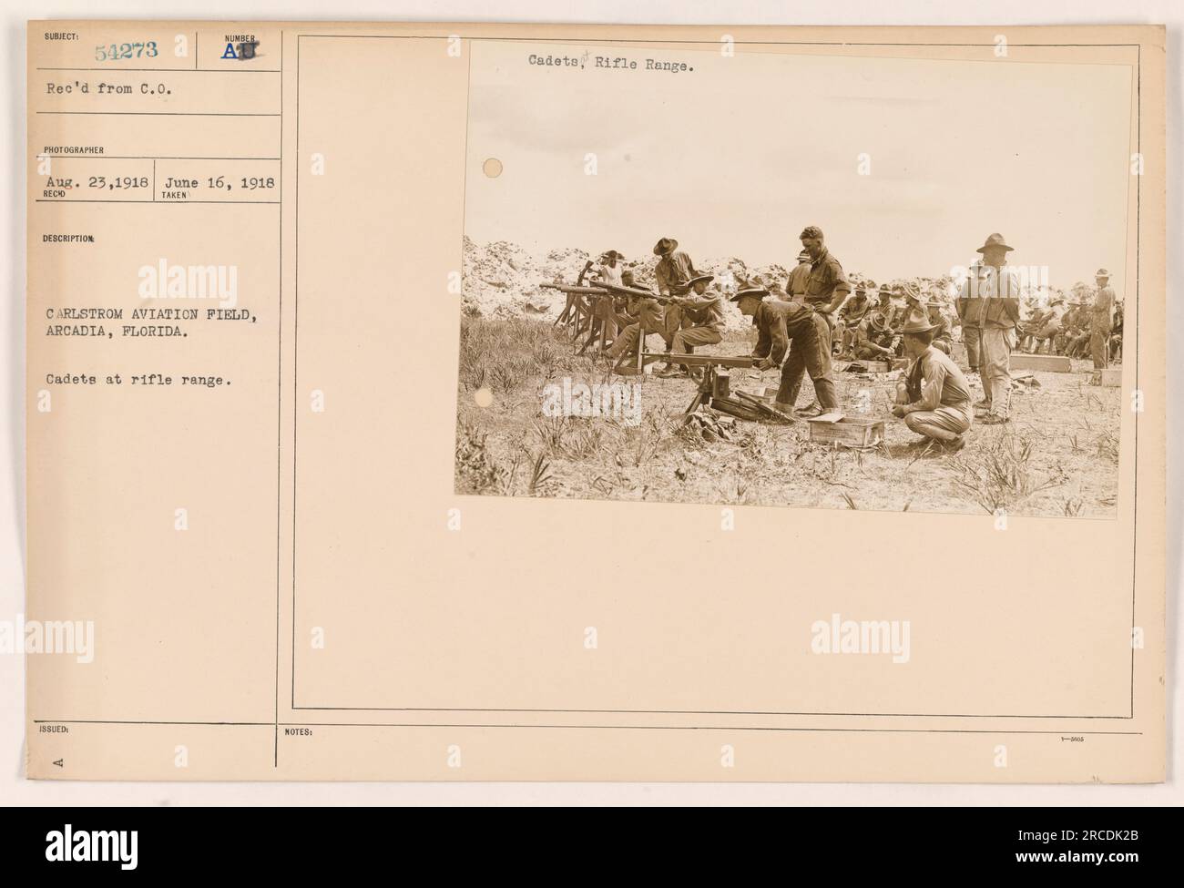 'Cadets at rifle range at Carlstrom Aviation Field in Arcadia, Florida. The photograph was taken on June 16, 1918, and received from the commanding officer on August 23, 1918. The image depicts cadets participating in rifle training activities.' Stock Photo