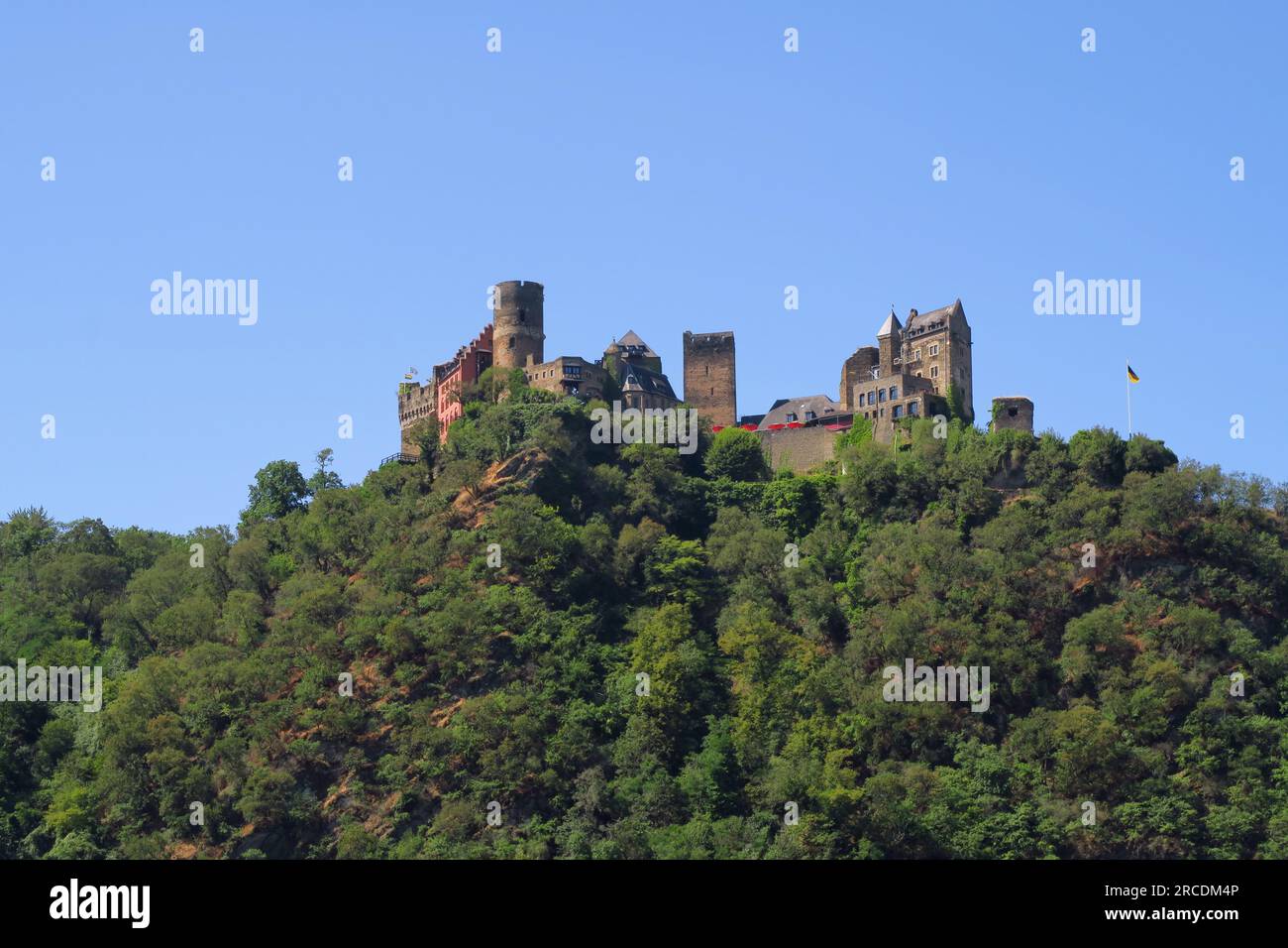 Schonberg Castle, a 12th century castle stands on a hill on the western bank of the River Rhine at Oberwesel Stock Photo