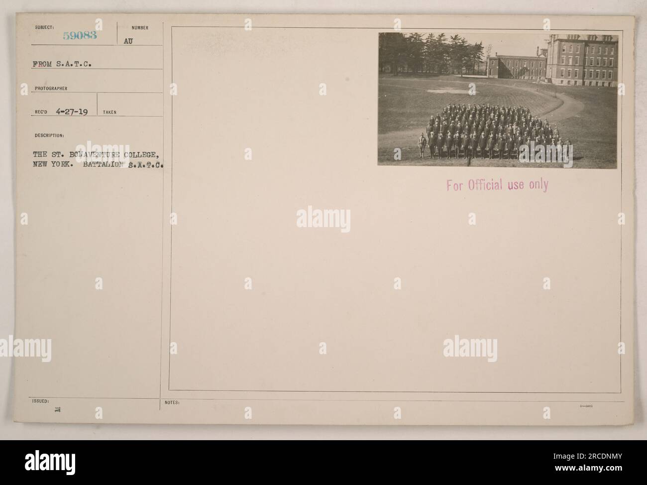 Image shows a group of soldiers lined up at St. Bonaventure College in New York. They are identified as part of the Battalion S.A.T.C. The photograph was taken on April 27, 1919. This information is meant for official use only. Stock Photo