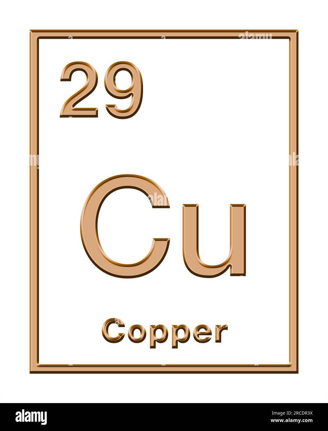 Copper, chemical element from periodic table, with relief shape. Transition metal, with chemical symbol Cu (Latin cuprum), and with atomic number 29. Stock Photo