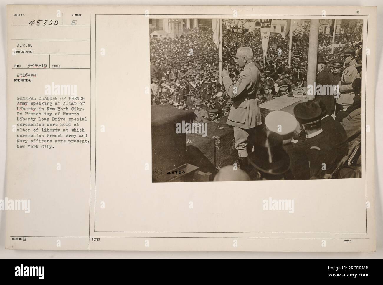 General Clauden of the French Army speaks at the Altar of Liberty in New York City. During the Fourth Liberty Loan Drive's French day, a special ceremony was held, attended by French Army and Navy officers. This event took place in New York City. The photograph was taken by an A.E.F. photographer on March 28, 1919, at 23:16. The photograph has the number 45820. This image was used to promote lending during the war. Stock Photo