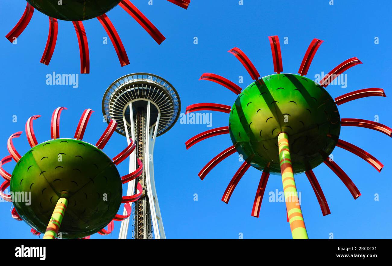 Sonic Bloom sculpture and The Space Needle observation tower Pacific Science Center Seattle Washington State Stock Photo