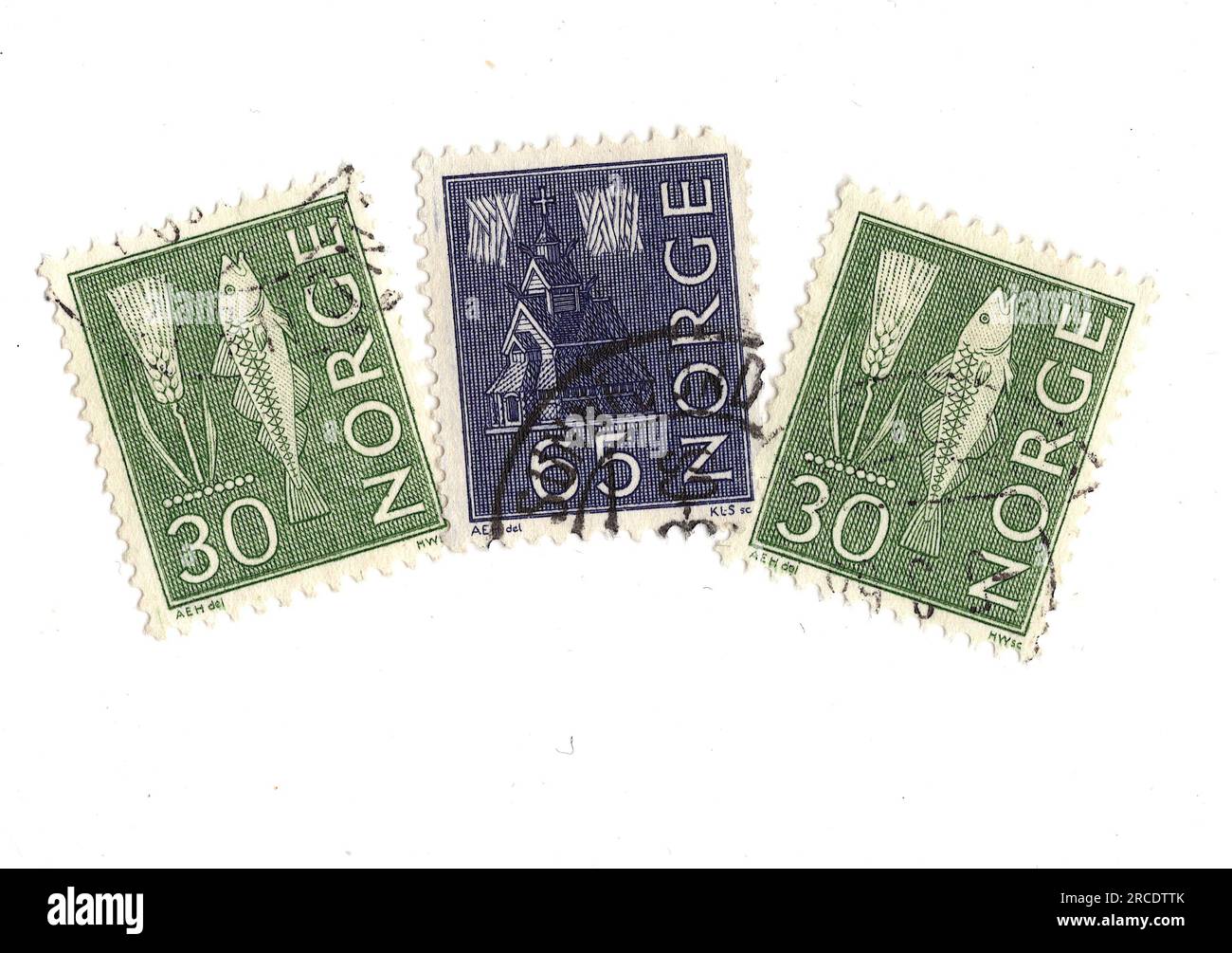 Vintage postage stamps from Norway on a white background Stock Photo