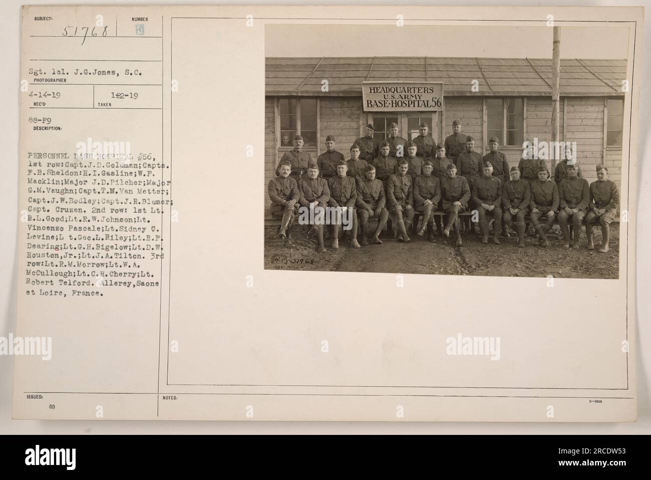 Personnel of Base Hospital #56 in Allerey, Saone et Loire, France. The individuals in the photograph are: Captains J.D. Goldman, F.B. Sheldon, H.I. Gasline, W.F. Macklin, Major J.D. Pilcher, Major M.M. Vaughn, Captains F.M. Van Metter, J.W. Bodley, J.R. Blomers, Crusen. 1st Lieutenants B.L. Good, R.W. Johnson, Vincenzo Pascale, Sidney C. Levine, Gec. L. Riley, B.F. Dearing, G.H. Bigelow, D.W. Houston Jr., J.A. Tilton. 2nd Lieutenant R.M. Morrow, W.A. McCullough, C.H. Cherry, Robert Telford. Taken in 192-19. Stock Photo