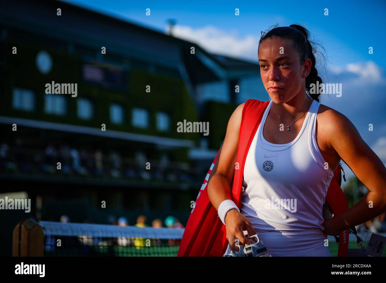 Tereza Valentova after her doubles match with Wakana Sonobe (not pictured) against Tatum Evans and Alanis Hamilton on day ten of the 2023 Wimbledon Championships at the All England Lawn Tennis and Croquet Club in Wimbledon. Picture date: Wednesday July 12, 2023. Stock Photo