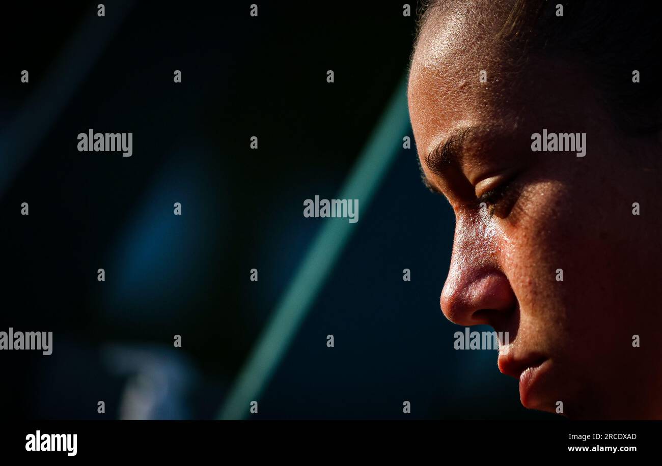 Tereza Valentova after her doubles match with Wakana Sonobe (not pictured) against Tatum Evans and Alanis Hamilton on day ten of the 2023 Wimbledon Championships at the All England Lawn Tennis and Croquet Club in Wimbledon. Picture date: Wednesday July 12, 2023. Stock Photo