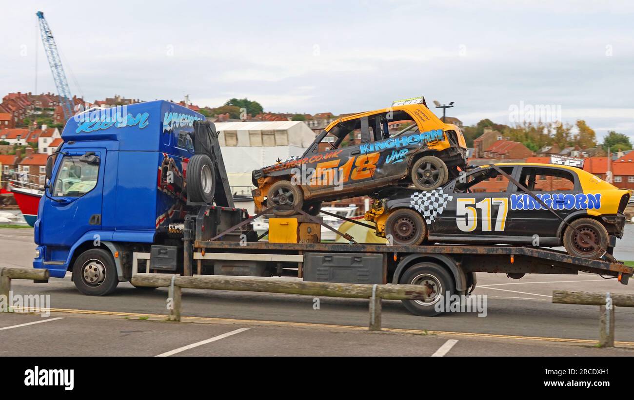 Flat bed recovery truck Kieran Kinghorn 518 517 stock car banger racing Yorkshire in Whitby town centre, North Yorkshire, England, UK, YO22 4EW Stock Photo