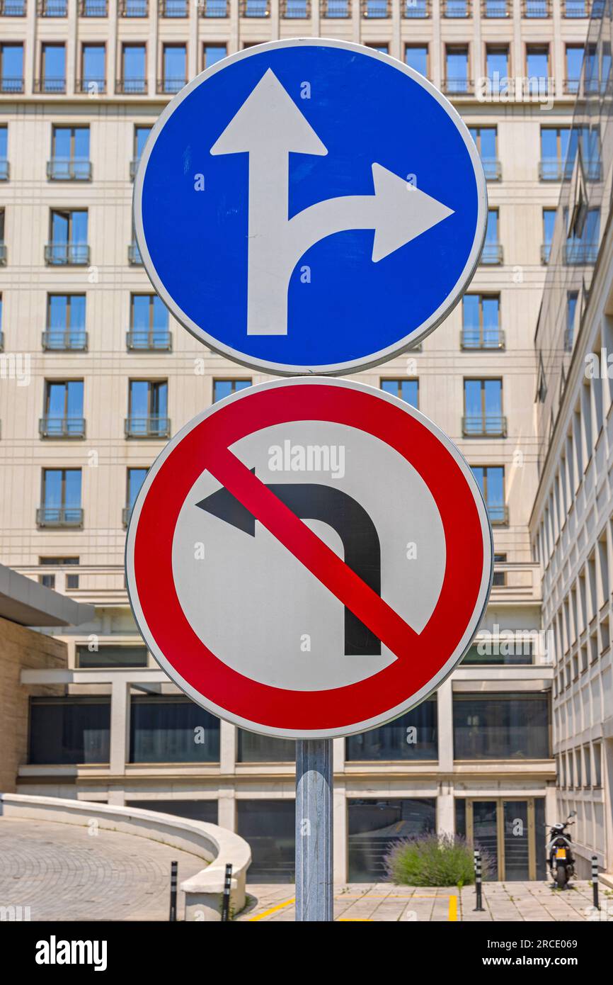 Directional Arrows Straight and Right With No Left Turn Road Sign Stock