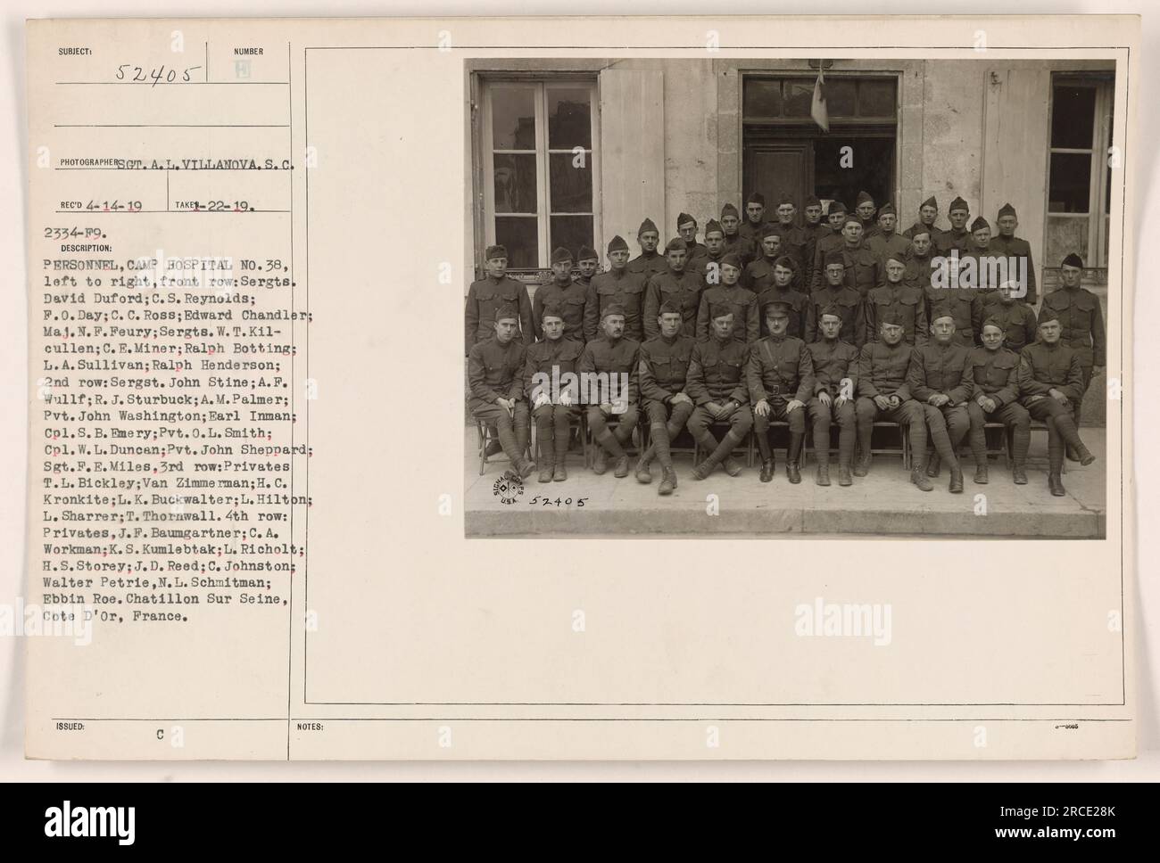 Personnel from Camp Hospital No. 38 in Chatillon sur Seine, Cote d'Or, France, are pictured in this photo. The individuals in the photo are identified as follows: in the front row from left to right - Sergte, David Duford; C. S. Reynolds; F.O.Day; C. C. Ross; Edward Chandlers Maj. N. P. Feury; Sergts. W. T. K11-cullen; C. E. Miner; Ralph Botting; L.A. Sullivan; Ralph Henderson. In the second row - Sergst. John Stine; A. F. Wullf; R. J. Sturbuck; A. M. Palmer; Pvt. John Washington; Earl Inman; Cpl.S.B. Emery; Pvt. 0.L. Smith; Cpl. W. L. Duncan; Pvt. John Sheppard; Sgt.F.E. Miles. In the third r Stock Photo