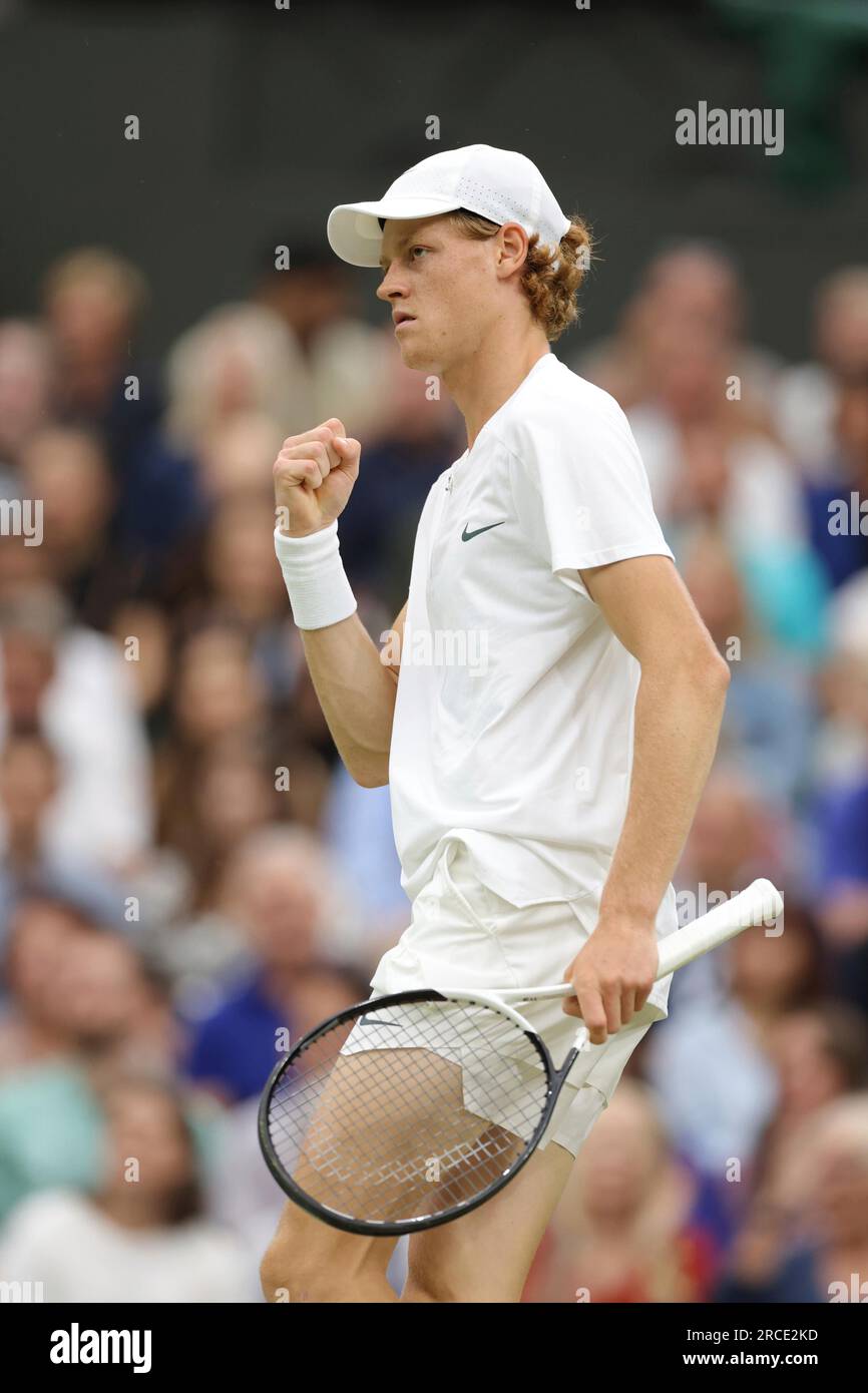 Jannik Sinner of Italy reacts during the Gentlemens Singles Semi-finals match against Novak Djokovic of Serbia in the Championships, Wimbledon at All England Lawn Tennis and Croquet Club in London, the United