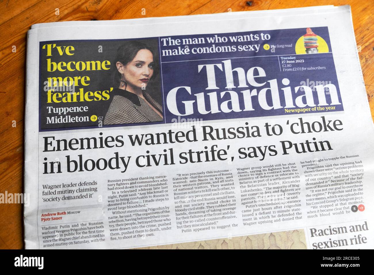 'Enemies wanted Russia to choke in bloody civil strife', says Putin' Guardian newspaper headline 27 June 2023 London UK Stock Photo