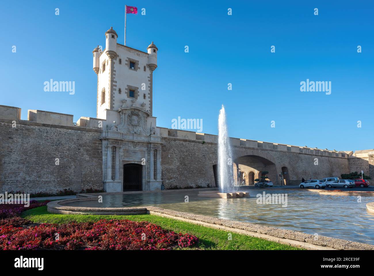 Puertas de Tierra Bastion at Plaza De La Constitucion Square - Cadiz, Andalusia, Spain Stock Photo