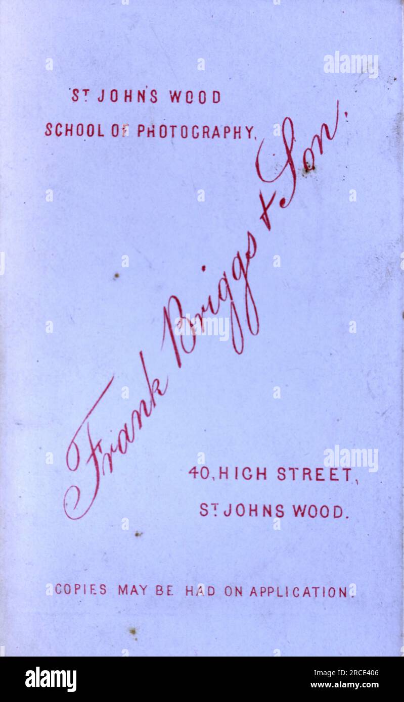 Back of a photograph by Frank Briggs and Son of 40, High Street, St. John’s Wood, London, also noting the St. John’s Wood School of Photography. From a collection of Victorian carte de visite photographs, dated to the 1890s. Carte de visite is a French term known in English as “visiting card”. They usually had an albumen photographic print of about 54x89mm mounted on a slightly larger card. In some cases, the ravages of time have taken their toll. Stock Photo