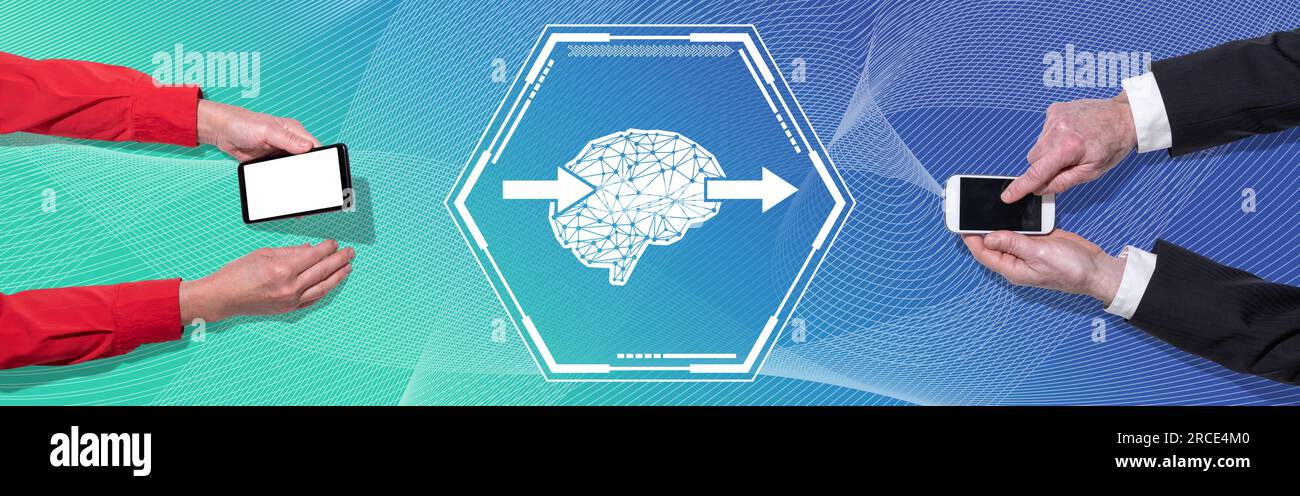 Top view of hands using mobile phone with symbol of deep learning