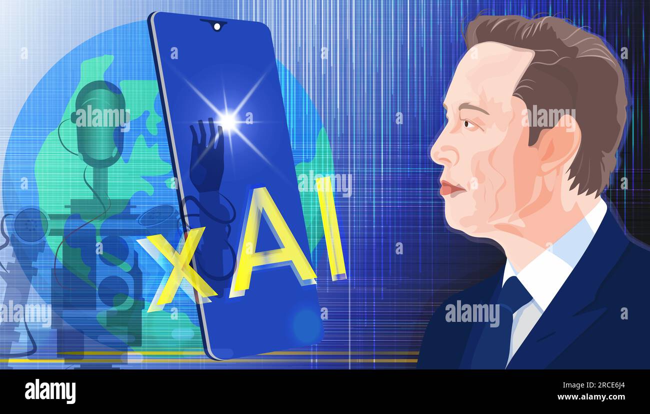 Elon Musk founded xAI. Elon Musk portrait, robot and xAI inscription