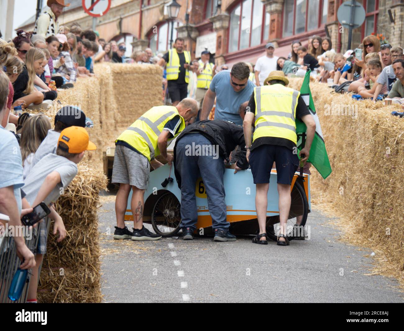 BIDEFORD, DEVON, ENGLAND - JUNE 18 2023: Broken down participant in the annual Soapbox Derby fun race event. Stock Photo