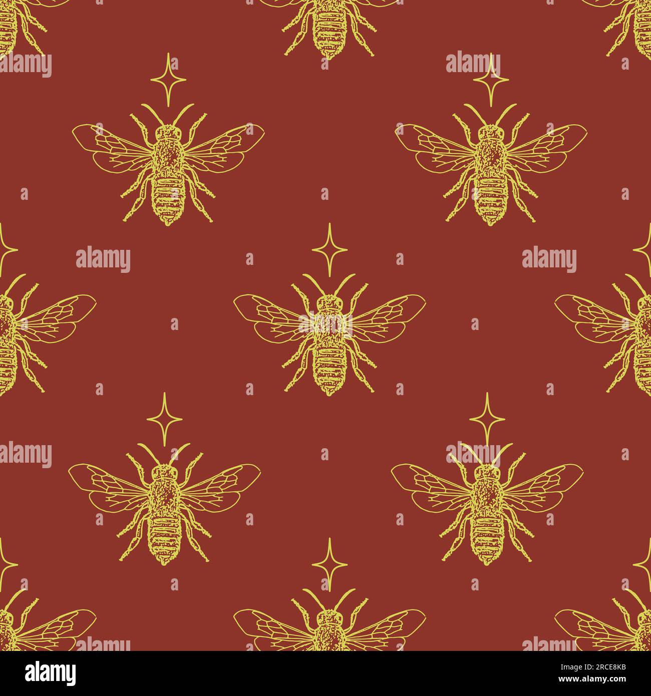 Decorative gold red pattern with monochrome honey bee and star Stock ...