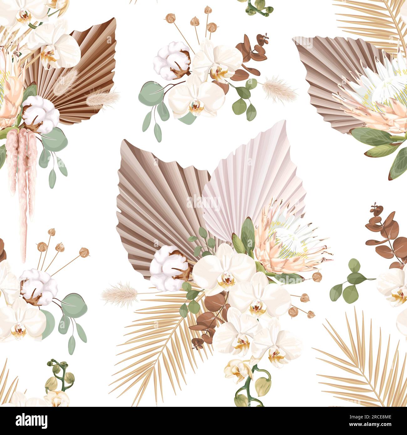 Seamless pattern with orchid, protea, cotton, palm leaves, eucalyptus and dry flowers Stock Vector