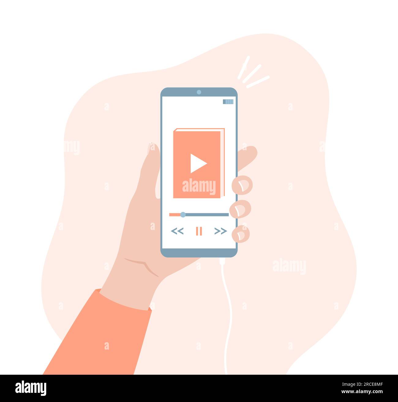 Hand holding smartphone with audiobook app on screen. Flat vector illustration Stock Vector