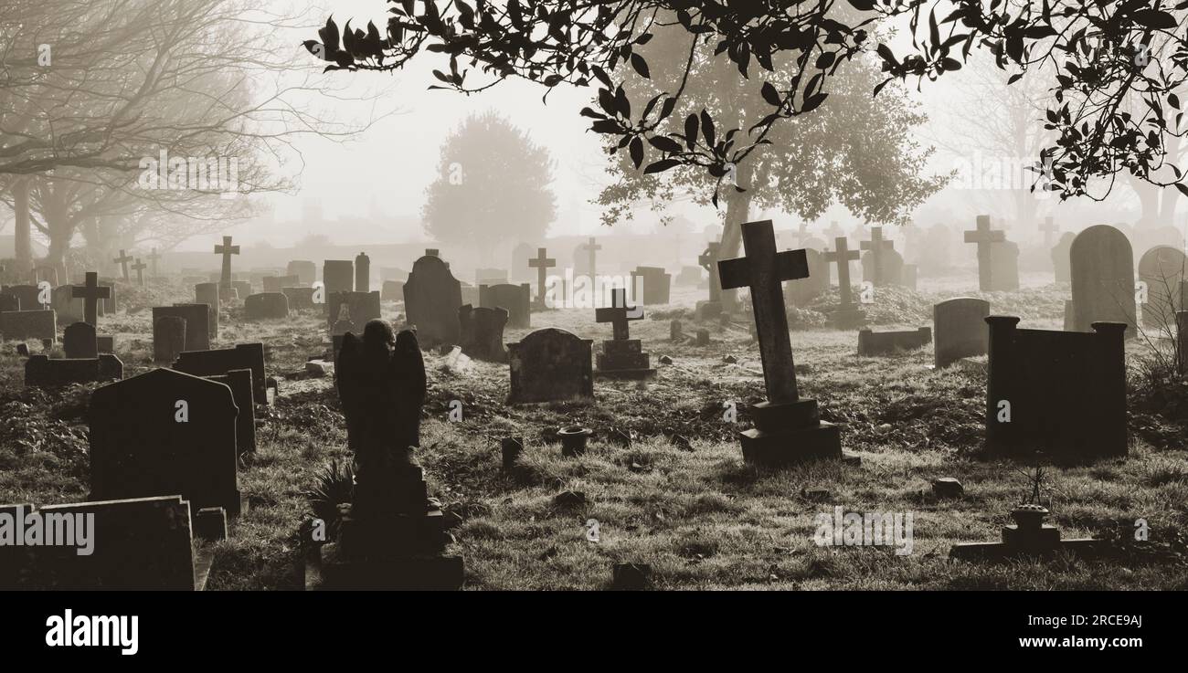 Atmospheric panorama of a foggy churchyard with trees and headstones in layers of mist Stock Photo