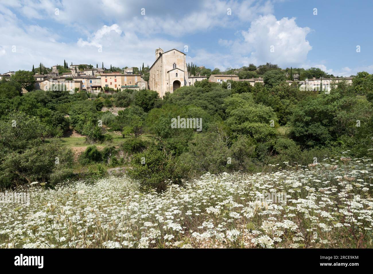 The Village of Lagorce viewed across a field of French Cow Parsley (Orlaya grandiflora), also known as White Laceflower, Ardeche, France Stock Photo