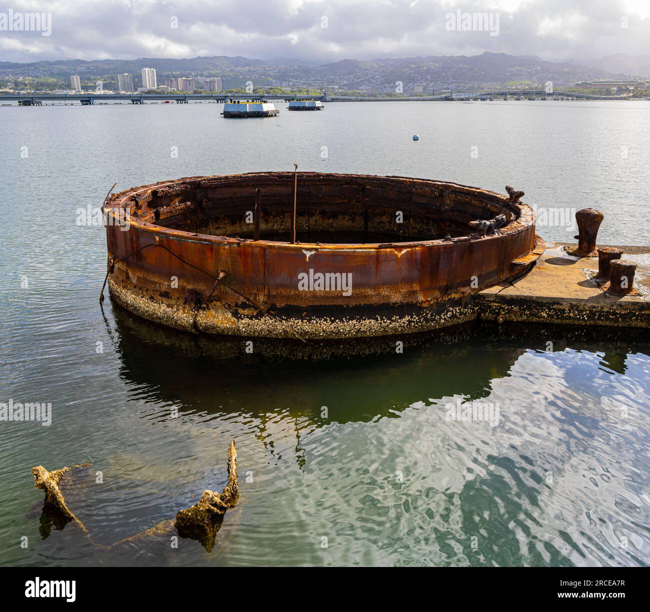 Exposed Turret Above The Water at The USS Arizona Memorial on  Pearl Harbor, Oahu, Hawaii, USA Stock Photo