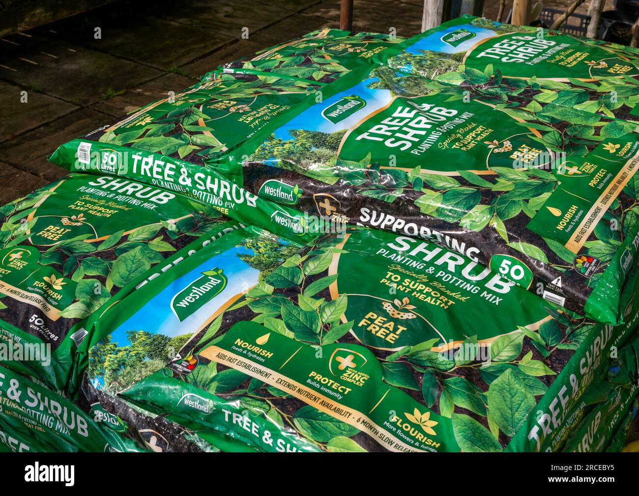 Bags of Westland tree and shrub peat free compost on sale in garden