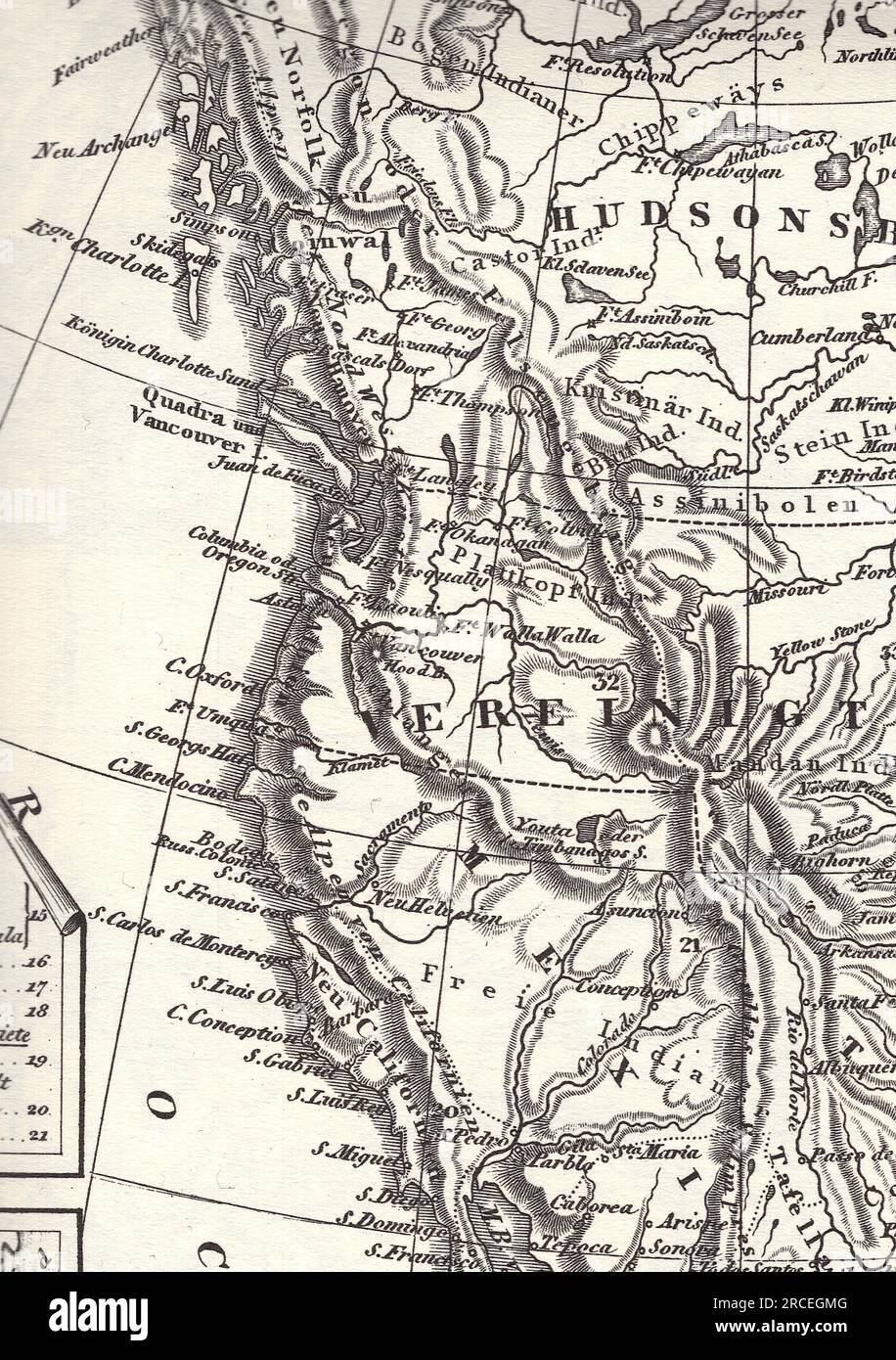 Historic black and white map showing the west coast of the USA Stock