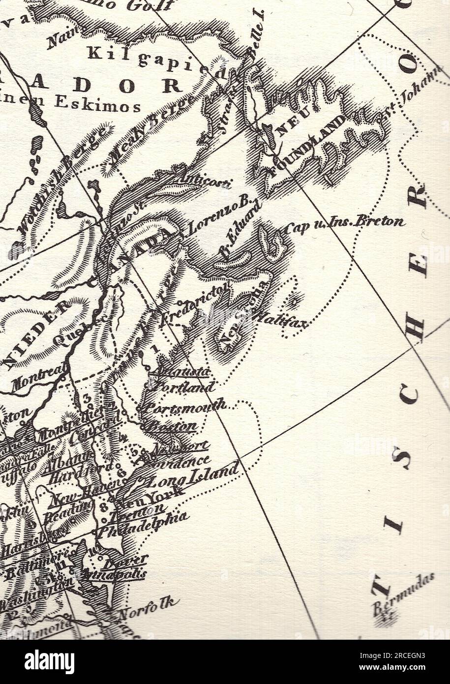 Historic black and white map showing the east coast of Canada Stock