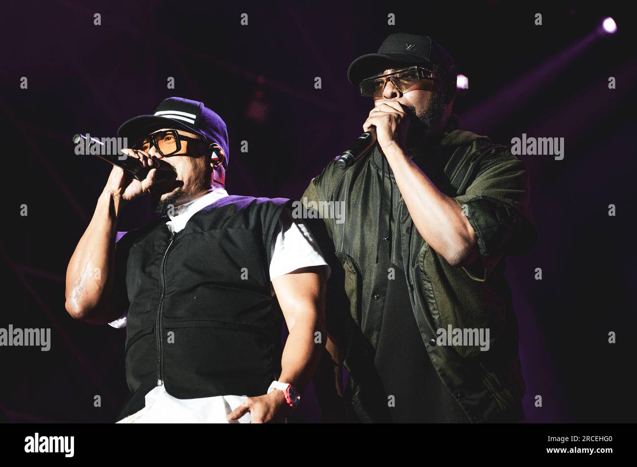 TORINO, STUPINIGI SONIC PARK FESTIVAL 2023, ITALY: Apl.de.ap (L) and Will.i.am (R) of the American musical group consisting of rappers called Black Eyed Peas performing live at the Stupinigi Sonic Park festival Stock Photo