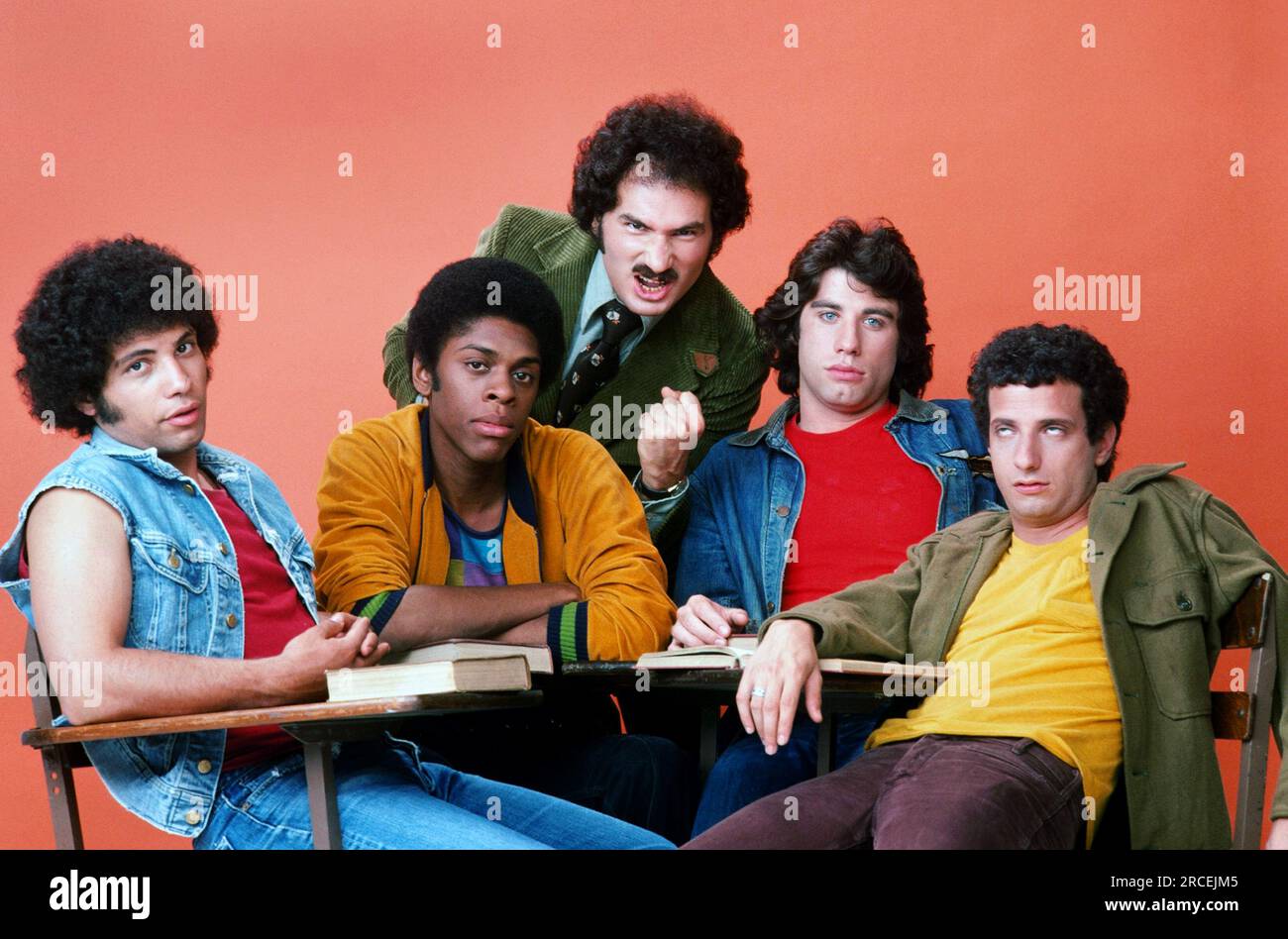 Bob Hegyes, Lawrence Hilton-Jacobs, Gabe Kaplan, John Travolta, Ron Palillo, 'Welcome Back Kotter', circa (1975). Photo credit: ABC Stock Photo